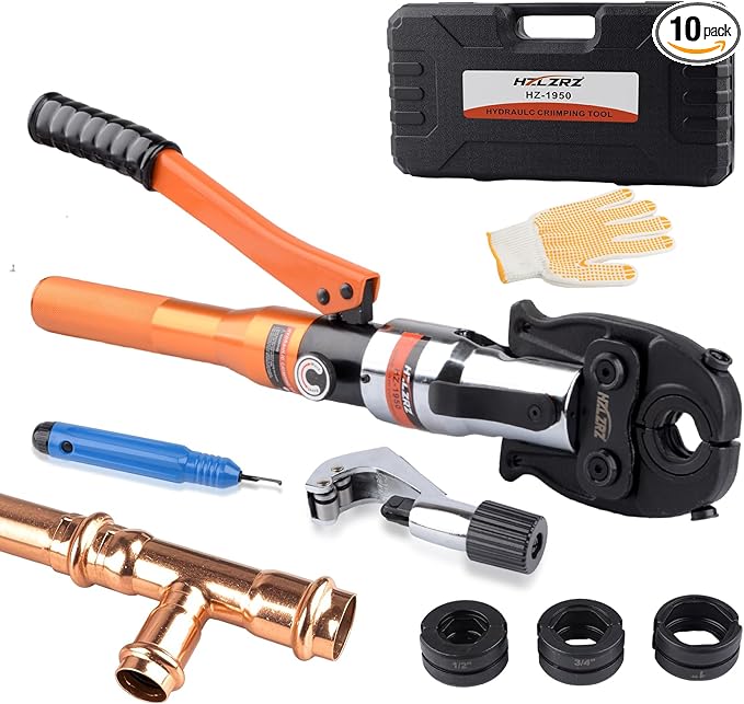 HZLZRZ ProPress Tool Copper Tube Fittings Hydraulic Copper Pipe Crimping Tool with 1/2,3/4 and 1 inch Jaws and Stainless Steel Pipe Cutter and Deburring Tool,Suit for Narrow Space and Tee Fittings