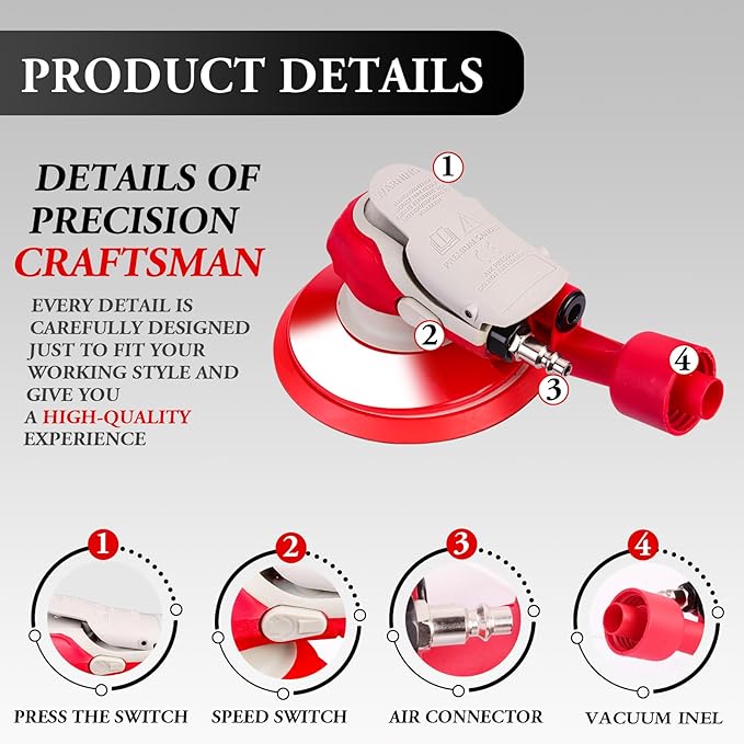Air Sander 6 Inch DA Palm with vacuum Sander, Pneumatic Random Orbital da Sander for auto body & Woodworking & Auto Polishing (including 12 sandpaper + accessories)