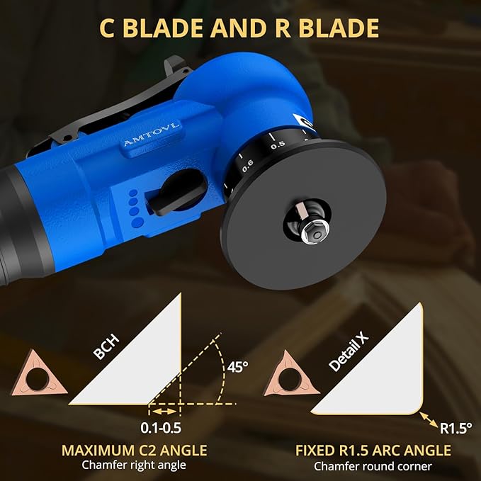 AMTOVL Air Chamfer Tool - Mini Pneumatic Chamfering Machine, 30000 RPM Pneumatic Chamfering Tool, 45 Degree Air Beveling Machine with 1/4 Inch Air Inlet for Metal, Wood, Acrylic Deburring (Blue)