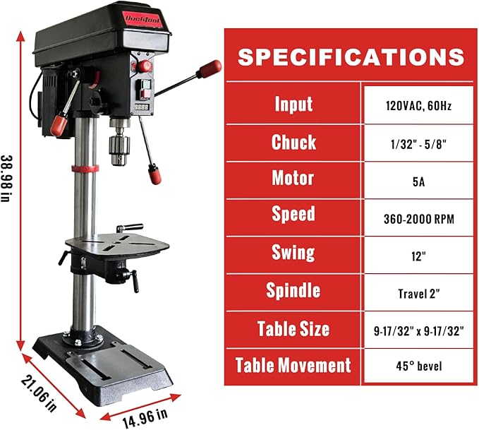 BUCKTOOL 12'' 6 Pole Motor Variable Speed Benchtop Drill Press 360–2000RPM, 3/4HP Powerful Bench Drill Press with Laser and Worklight, Low Speed Tabletop Drilling Machine for Metalworking, Woodworking