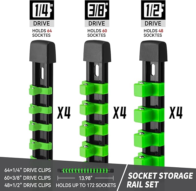 Socket Organizer Drive ABS Tools - Green Socket Holder, Premium Quality 12 Pieces Socket Holders Kit 1/4-Inch x 64 Clips, 3/8-Inch x 60 Clips, 1/2-Inch x 48 Clips（12PC,Green