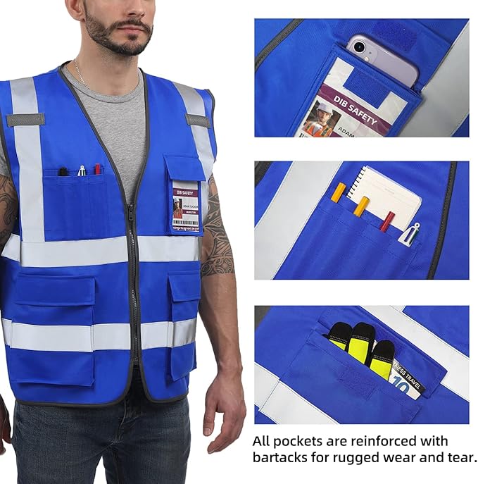 Dib Safety Reflective Vest High Visibility with Pockets and Zipper, Blue XL