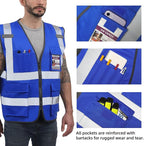 Dib Safety Reflective Vest High Visibility with Pockets and Zipper, Blue 2XL