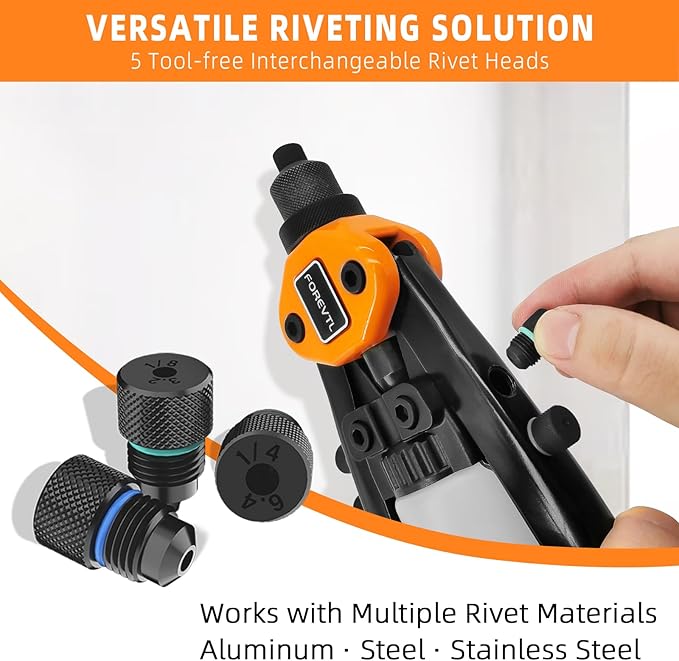 Rivet Gun Kit, 1/4 Pop Rivet Gun Kit with 210Pcs Blind Rivets and 5 Tool-Free Interchangeable Rivet Heads, 13" Heavy Duty Manual Hand Riveter Tool for Metal, Plastic & Automotive