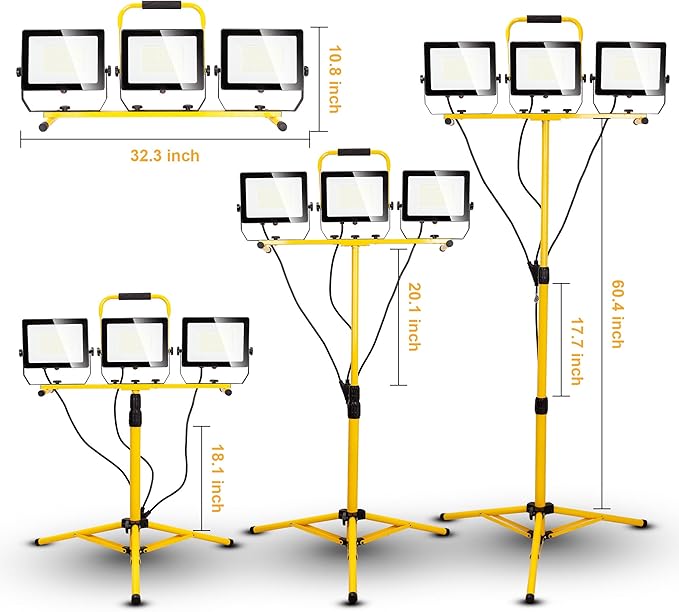 LED Worklights 60000Lumen, 3 Head 600W Work Light, Portable, with Stand, with 13.5FT Cord, IP66 Waterproof, Tripod, for Outdoor Indoor, Construction Site