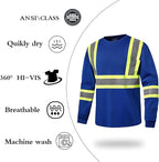 Hi Vis Safety Long Sleeve Shirts，High Visibility Class 3 T Shirts with Reflective Strips and Pocket, Quick Dry Mesh Construction Work Shirt for Men/Women (Blue,2XL)
