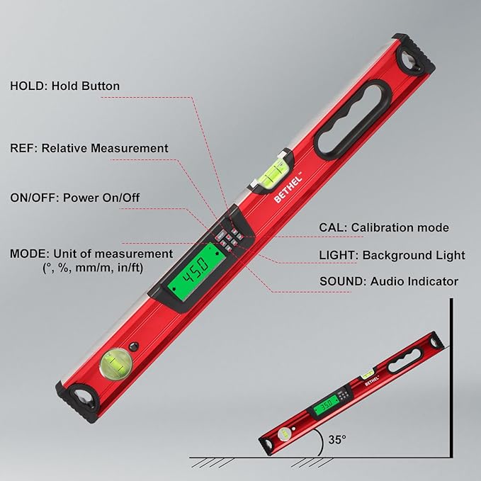 BETHEL Digital Level with LCD Display,24Inch Magnetic Digital Torpedo Level, Vertical & Horizontal Spirit Bubble Measuring Tools for Woodworking Construction Craftsman