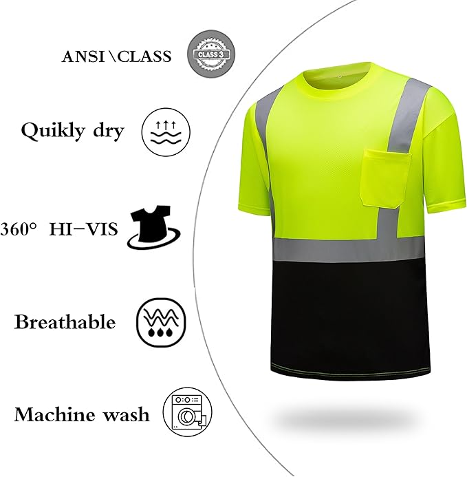 High Visibility Shirts Quick Dry Safety T Shirts with Reflective Strips and Pocket Short Sleeve Mesh Hi Vis Construction Work Class 2 Shirt for Men/Women Black Bottom Lime,4XL