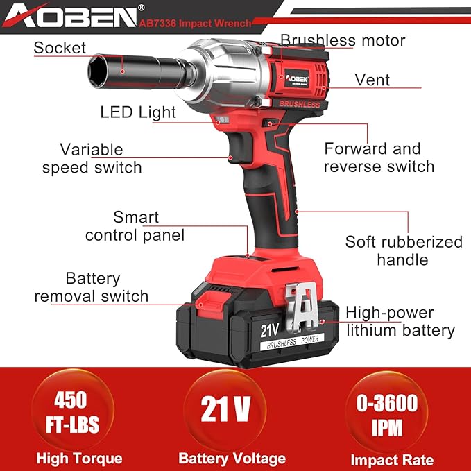AOBEN 21V Cordless High Torque Impact Wrench 1/2 inch, Powerful Brushless Motor with Max Torque 450 ft-lb (600N.m), 4.0Ah Battery, 6 PCS Sockets (17-22mm), Fast Charger and Tool Box