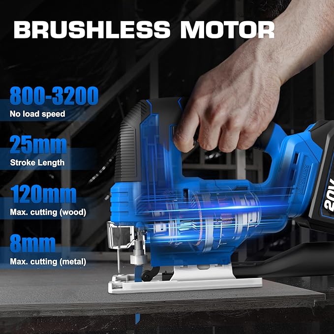 Jig Saw Compatible with Makita 20V MAX Battery, Brushless Motor, cordless jigsaw, 3200 SPM, 25mm stroke, 4-stage track, 45° left-right tilt, LED Light, Tool-free blade changes