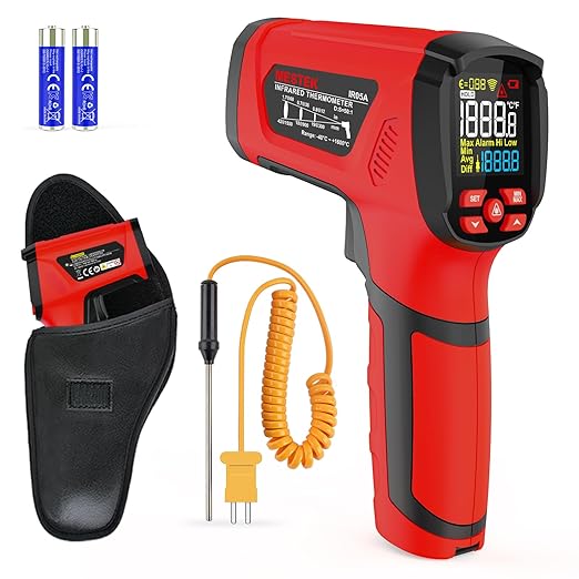 -40℉~2912℉ MESTEK Infrared Thermometer Temperature Gun,50:1 Dual Laser High Temp Thermometer with Thermocouple Probe, Non-Contact Industrial Pyrometer for Engine, Kiln, Forging, Industrial Use