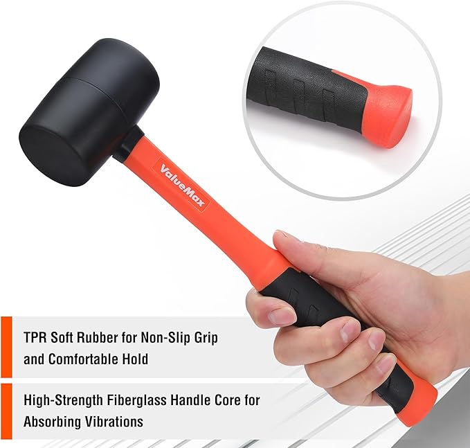 ValueMax 8oz Rubber Mallet Hammer, Fiberglass Handle, Double-Faced Soft Mallet, Soft Blow Tasks without Damage for Camping, Flooring, Tent Stakes, Woodworking
