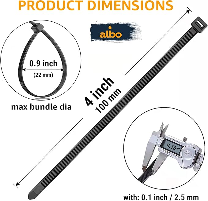 ALBO Black Zip Ties 4 Inch Plastic Cable Ties 1000 Pack Tie Wraps 18lb UV Resistant Small Nylon Wire Ties