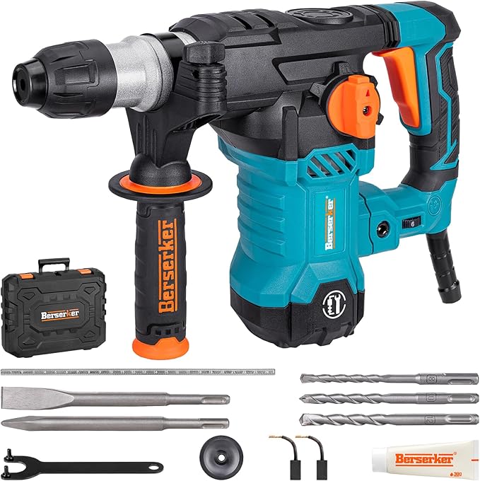 Berserker 1-1/4" SDS-Plus Rotary Hammer Drill with Vibration Control,Safety Clutch,12.5 Amp 4 Functions Corded Rotomartillo for Concrete-Including 3 Drill Bits,Flat Chisel,Point Chisel,Carrying Case