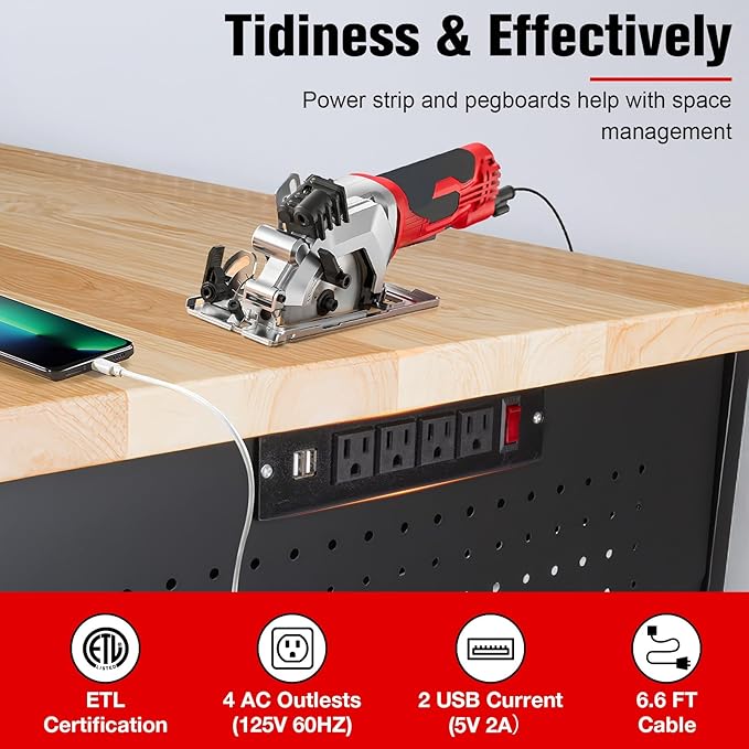 48" Workbench with Drawers, Work Benches for Garage with Strip Light, Adjustable Work Table with Large Pegboard, 2000 LBS Heavy Duty Table with Power Outlet Rubber Wood for Garage, Office