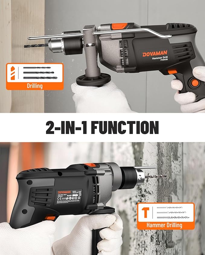 PHD03B 7.5A Corded Hammer Drill, 1/2'' Impact Drill with Variable Speed 0–3000RPM, Metal Chuck, 2 Modes for Concrete, Wood, Metal – Includes Bits & Carrying Case