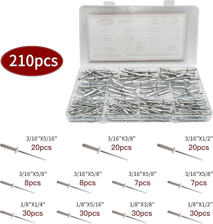 210Pcs Silver 3/16'',1/8'' Pop Rivets Assortment Kit, 8 Sizes Aluminum Rivets,Aluminum blind rivets for metal Dome Head rivet kit