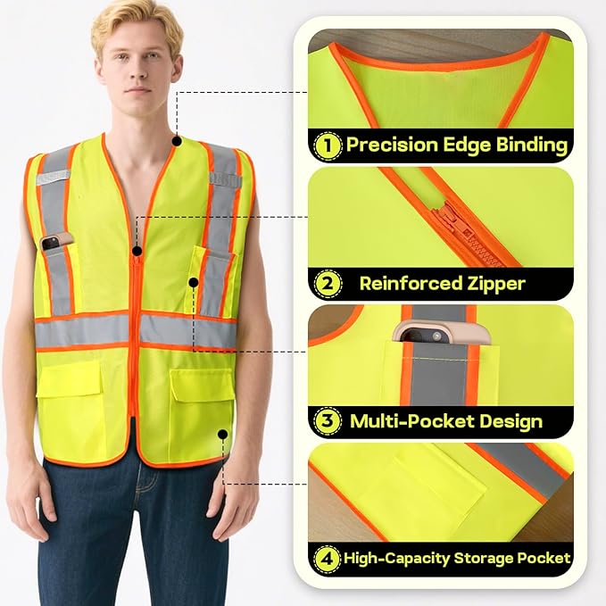 BeautyWill Custom Safety Vest Customized Logo Class 2 High Visibility Reflective Vest with Pockets Construction workwear