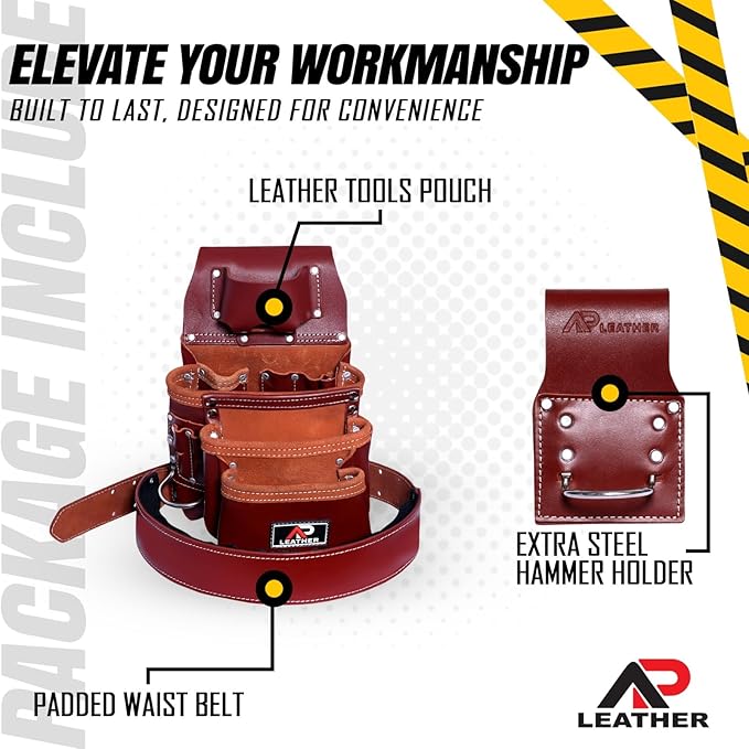 Pro-015 Leather Tool Pouch for Construction,Heavy Duty Hammer Holder,Buckle,3 Pocket Large with Belt, 12 Small Pocket, Tool Organizer