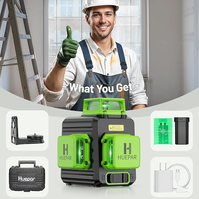 Huepar Laser Level 360 Self Leveling, 3 x 360° High Brightness Cross Line Laser for Construction and Picture Hanging, 12 Green Laser Level Tool with 5200 mAh Rechargeable Battery & Hard Carry Case