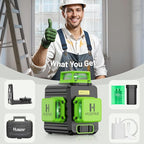 Huepar Laser Level 360 Self Leveling, 3 x 360° High Brightness Cross Line Laser for Construction and Picture Hanging, 12 Green Laser Level Tool with 5200 mAh Rechargeable Battery & Hard Carry Case