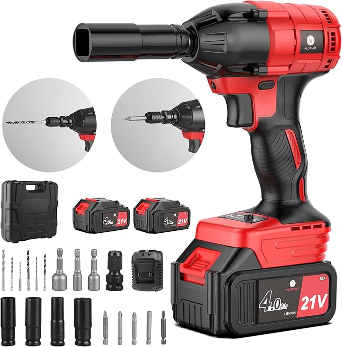 Cordless Impact Wrench 1/2 inch, 590 Ft-lbs (800N.m) Brushless Impact Gun, 21V High Torque Power Impact Driver, 2x4.0Ah Battery, Fast Charger,5 Impact Sockets for Family Car and Scaffold