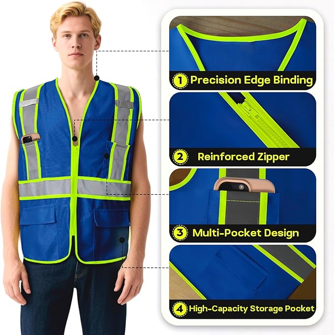 BeautyWill Custom Safety Vest Customized Logo Class 2 High Visibility Reflective Vest with Pockets Construction workwear