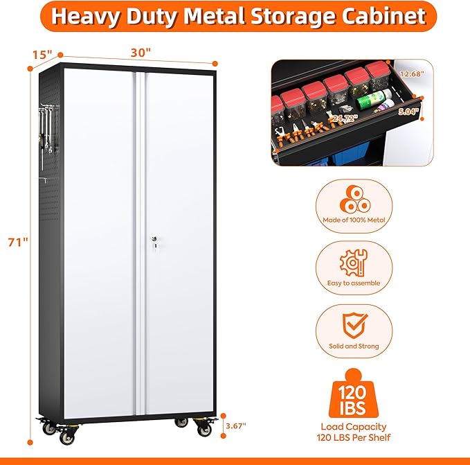 Aobabo Metal Storage Cabinet with Wheels and 1 Interior Drawer, Steel Rolling Tool Cabinet with 16 Hooks and 2 Adjustable Shelves for Garage, Home, Office, Kitchen, Black Gray, Assembly Required