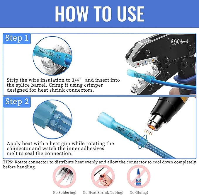 Crimping Tool Qibaok Ratcheting Wire Crimper for Heat Shrink Connectors with 250pcs Heat Shrink Wire Connectors for AWG 20-10