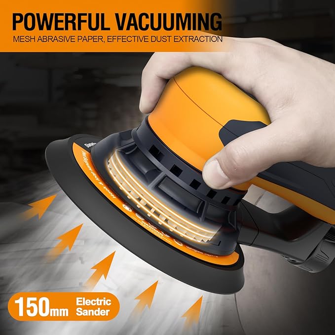 MAXXT Electric 5mm Random Orbital Sander, Palm Sander with Brushless Motor, 5&6Inch Sanding Pads, Central Vacuum, Sanders for Woodworking, Primary Wood and Panel Processing(Orange)