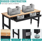 60 Inches Workbench, Rubber Wood Tabletop Work Table with 2 Drawers & Pegboard, 3000 LBS Heavy Duty Adjustable Height Work Bench with Power Outlets for Workshop, Office, Garage