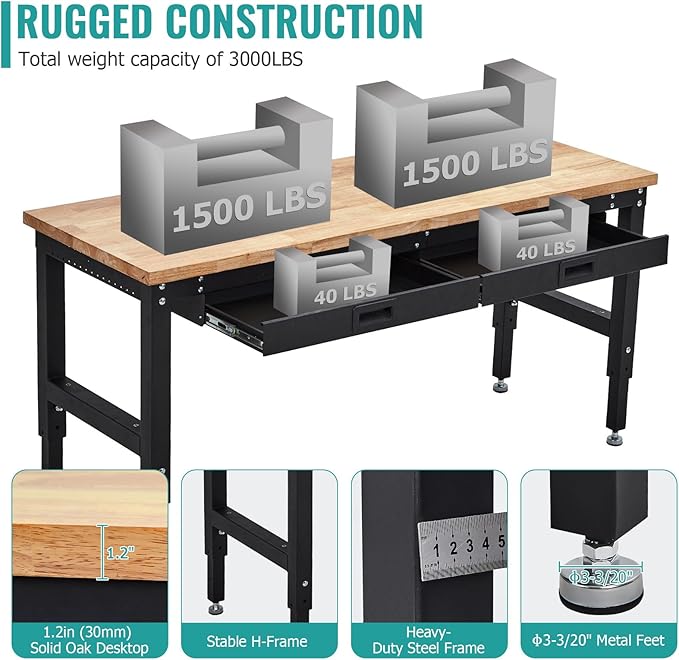 60 Inches Workbench, Rubber Wood Tabletop Work Table with 2 Drawers & Pegboard, 3000 LBS Heavy Duty Adjustable Height Work Bench with Power Outlets for Workshop, Office, Garage
