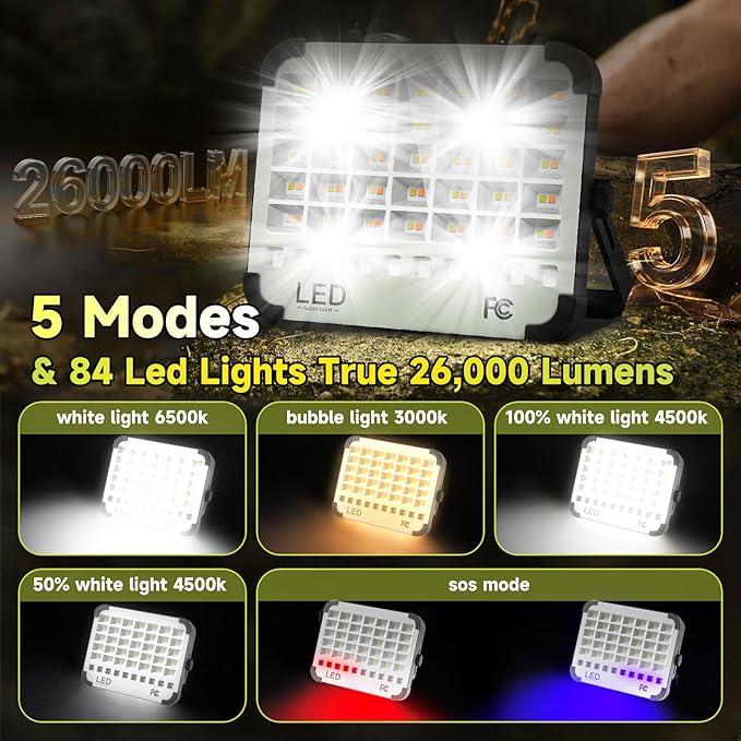 300W LED Solar Work Light 26000LM Magnetic Portable Light, 26000mAh Rechargeable with 5 Modes, IP66 Waterproof for Outdoor Camping, Car Repair, Building, Workshop, Garage, Emergency