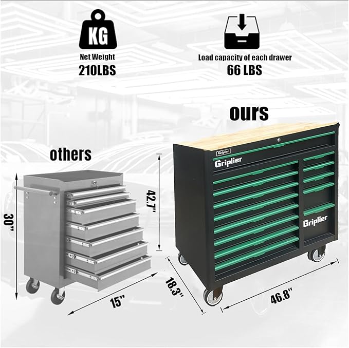 14-Drawers Rolling Tool Chest with Wood Workbench,Brake Casters,Lock & Key,Heavy-Duty Steel Tool Cabinet Storage, for Home,Garbge or Workshop Use (14 Drawer + 348 Pieces Tools)