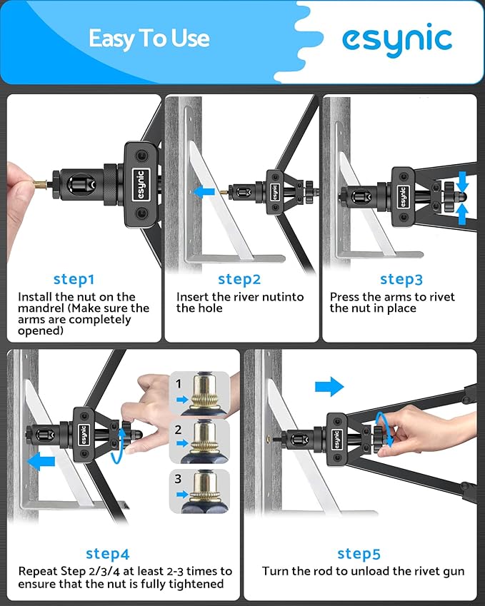 eSynic Professional Rivet Nut Tool Kit - 14" Heavy Duty Rivnut Gun with 6 Mandrels & 80pcs Nuts- Metric & SAE Thread Set for Metal/Wood/Auto Repair, Ergonomic Comfort Grips & Carrying Case Included