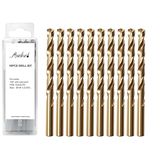 1/8" Cobalt Drill Bit Set (10Pcs), M35 HSS, 135 Degree Tip, Twist Jobber Length for Hardened Metal, Stainless Steel, Cast Iron, Wood, and Plastics, with Index Storage Case