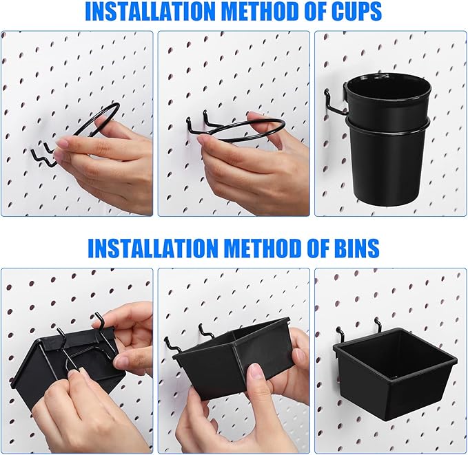 64 Pieces Pegboard Bins Pegboard Cups with Hooks and Loops Peg Hooks Assortment Organizer Accessory for Organizing Accessories Tools Storage Office Workshop Garage Workbench (Black)
