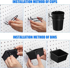 64 Pieces Pegboard Bins Pegboard Cups with Hooks and Loops Peg Hooks Assortment Organizer Accessory for Organizing Accessories Tools Storage Office Workshop Garage Workbench (Black)
