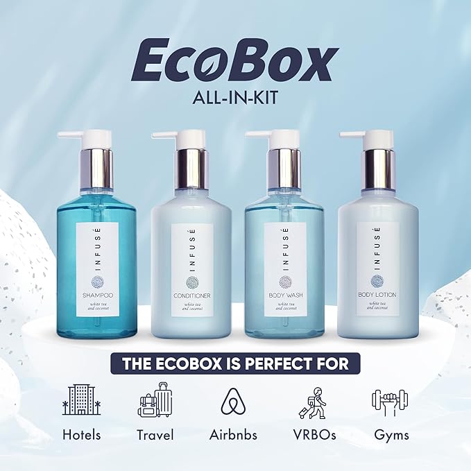 1-Shoppe Infuse 40 Piece Ecobox All-In-Kit | White Tea and Coconut Soap | 12 Shampoo, 8 Conditioner, 12 Body Wash & 8 Lotion | 10oz Hotel Soaps and Toiletries Bulk | Personal Care Products-VeraVaultWomen