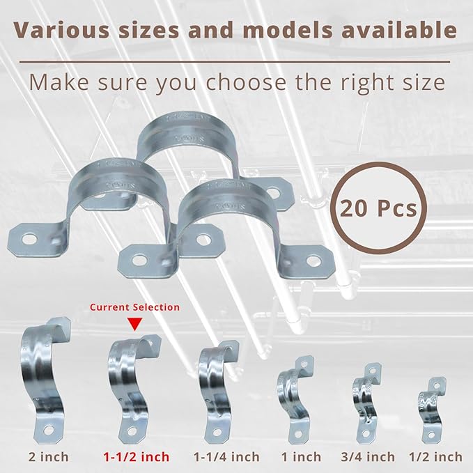 2 Holes Cable U Brackets, 1-1/2 Inch 20PCS Pipe Clamps, Zinc-Plated Steel Conduit Straps, Rigid Secure Mounting for EMT Conduits, Rust Resistant Straps for Reliable Installation(20PCS)