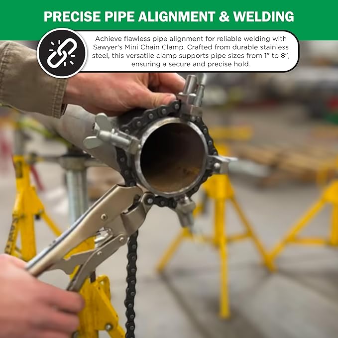 Sawyer - Mini Chain Clamp - Heavy Duty Pipe Vise for Welding, Repair, Stainless Steel Tools, Quick Lock Connector, Rigid, Bench Accessories, Grip, Wrench, Threader, Fitter, Links - 1”-8” Diameter