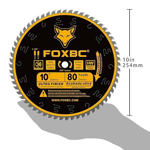 FOXBC 10-Inch Table Saw Blade, 80-Tooth, Ultra Finish Wood Cutting, 5/8-Inch Arbor