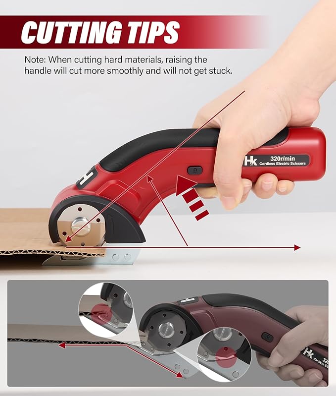 HK Cordless Electric Scissors, Rechargeable Cardboard Cutter, 4V Upgrade Motor Electric Box Cutter with 2 Blades & Safety Lock, Powerful Cutting for Cardboard Box, Plastic, Leather