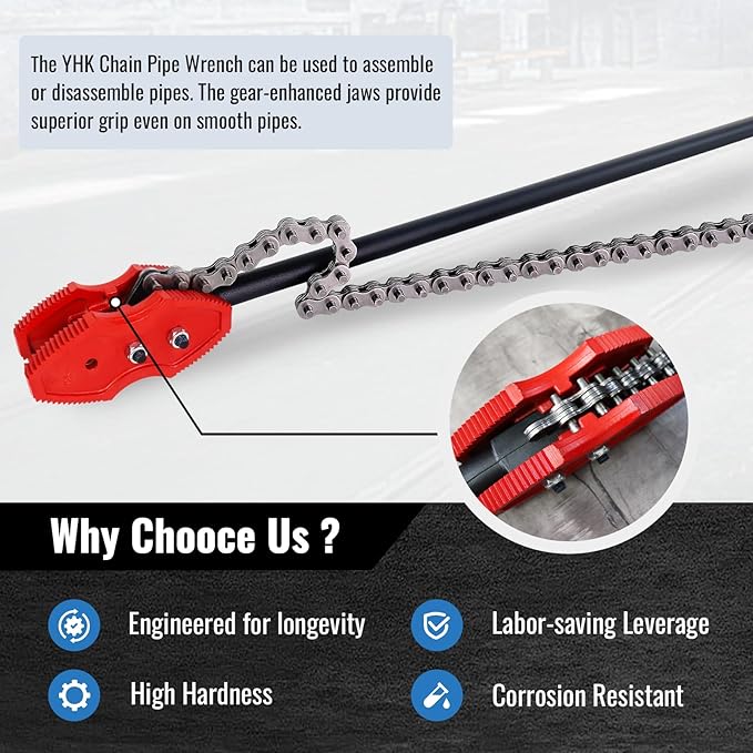 YHK Chain Pipe Wrench, 50” Heavy Duty Chain Tongs with 41.3" Chain Length, Heavy-Duty Chain Wrench for Pipe Installation, Repair, and Maintenance, Fit for 1-1/2"-8" Pipe Diameters