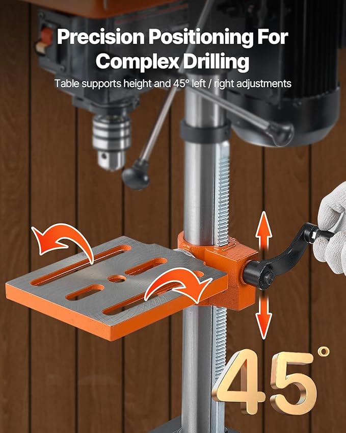 VEVOR 10 in Benchtop Drill Press, 6.2A Induction Motor, Tabletop Drilling Machine with 610/940 / 1500/2150 / 2800 RPM Adjustable Speed, 0-45° Tilting Worktable, LED Work Light, for Wood Metal