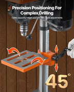 VEVOR 10 in Benchtop Drill Press, 6.2A Induction Motor, Tabletop Drilling Machine with 610/940 / 1500/2150 / 2800 RPM Adjustable Speed, 0-45° Tilting Worktable, LED Work Light, for Wood Metal