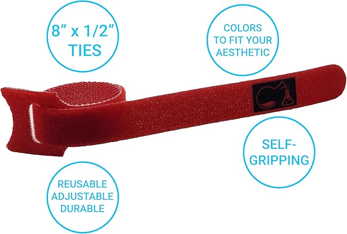 CableLock Cable Ties - 50 Pack - 8 Inch Reusable Cord Organizers - Clean Cable Management for Gaming and Home Office (Red)