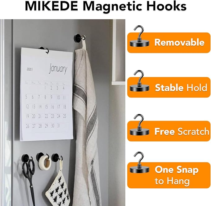 MIKEDE Black Magnetic Hooks Heavy Duty, 150LB+ Strong Neodymium Magnets for Refrigerator, Magnetic Hooks with Epoxy Coating for Hanging, Magnets with Hooks for Cruise, Home, Workplace - 10 Pack