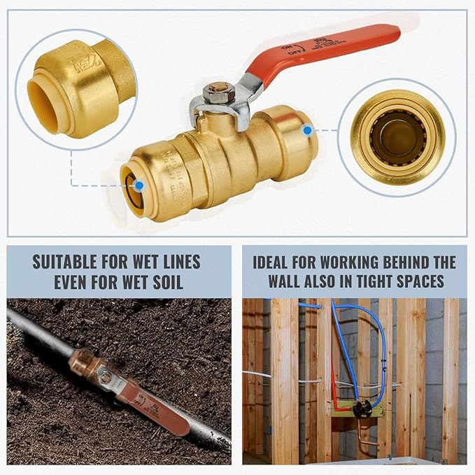 Shut Off Ball Valve 3/4 Inch, SUNGATOR 3/4 Inch Ball Valve, Push-to-Connect Water Shutoff, No Lead Brass Push Plumbing Fittings for PEX Pipe, Copper, CPVC, Pack of 1