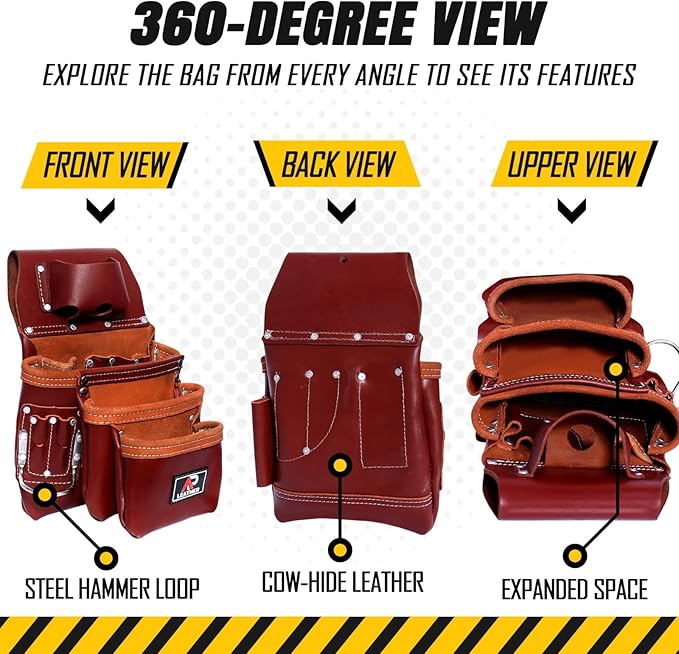 Pro-015 Leather Tool Pouch for Construction,Heavy Duty Hammer Holder,Buckle,3 Pocket Large with Belt, 12 Small Pocket, Tool Organizer